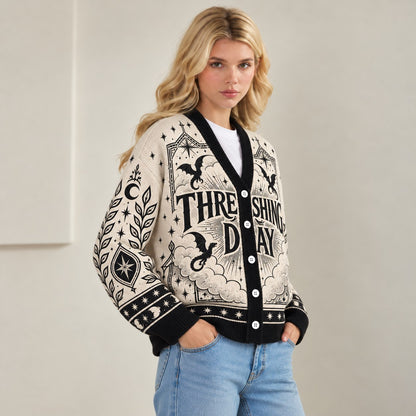 Fourth Wing cardigan Threshing Day cream dragon emblem knit - view 5