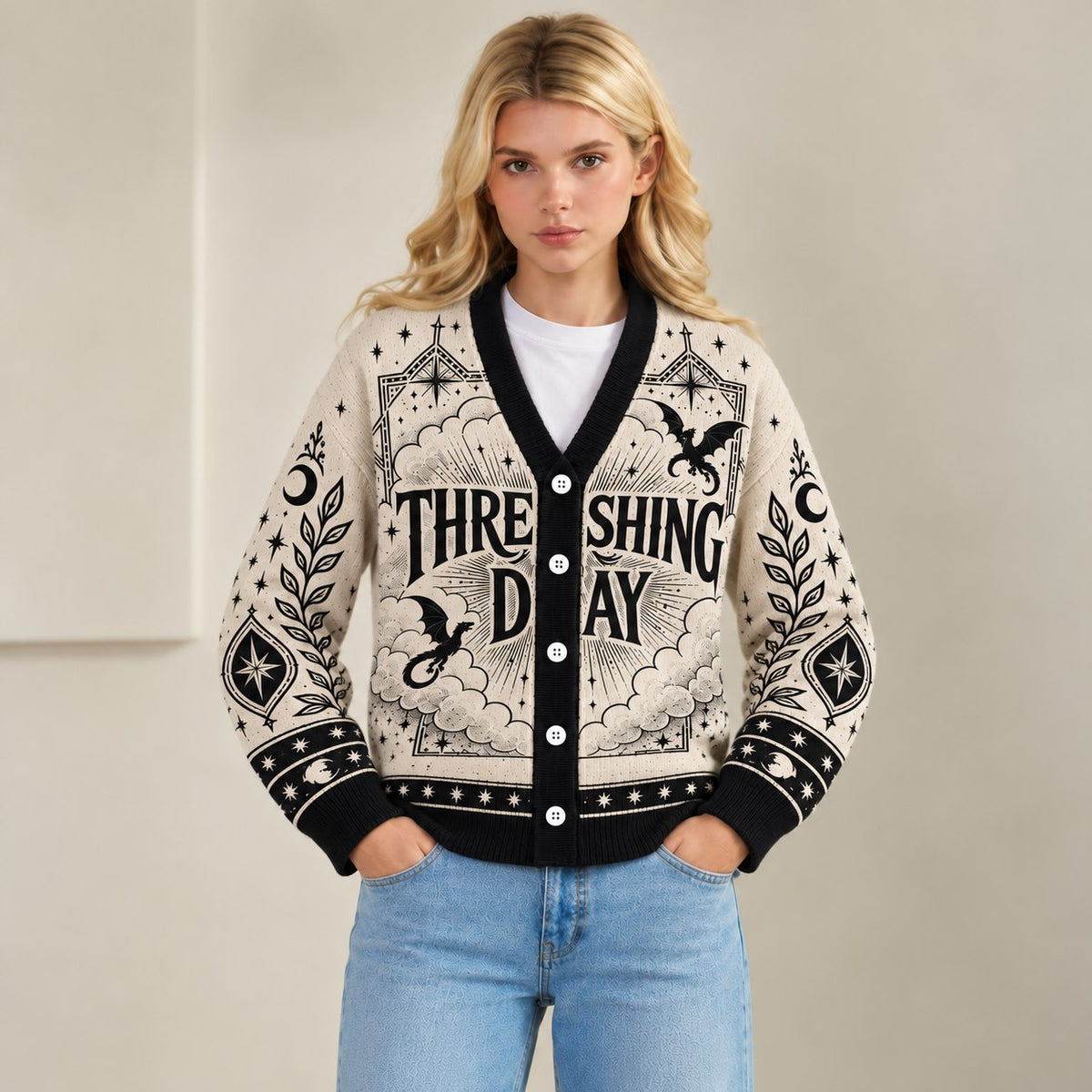 Fourth Wing cardigan Threshing Day cream dragon emblem knit - view 6