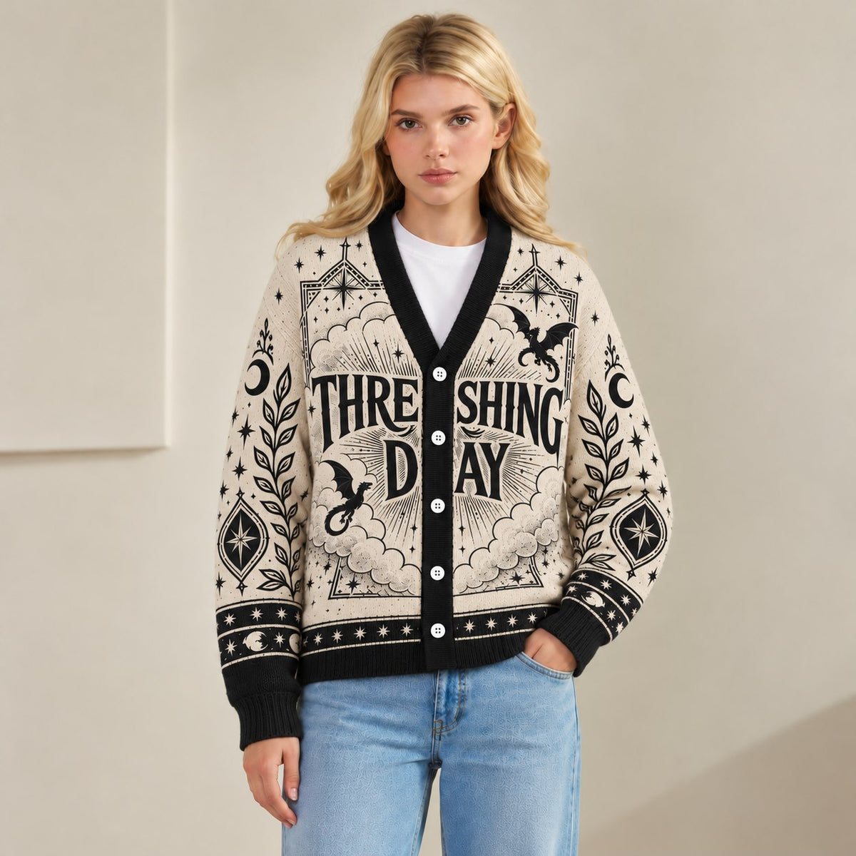 Fourth Wing cardigan Threshing Day cream dragon emblem knit - view 7