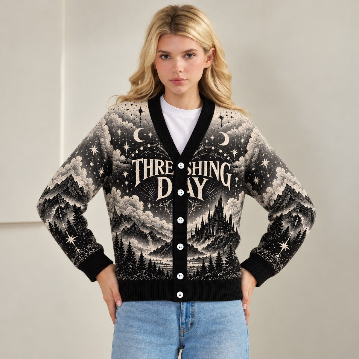 Fourth Wing cardigan Threshing Day moonlit dragon mountain black gray knit - view 3