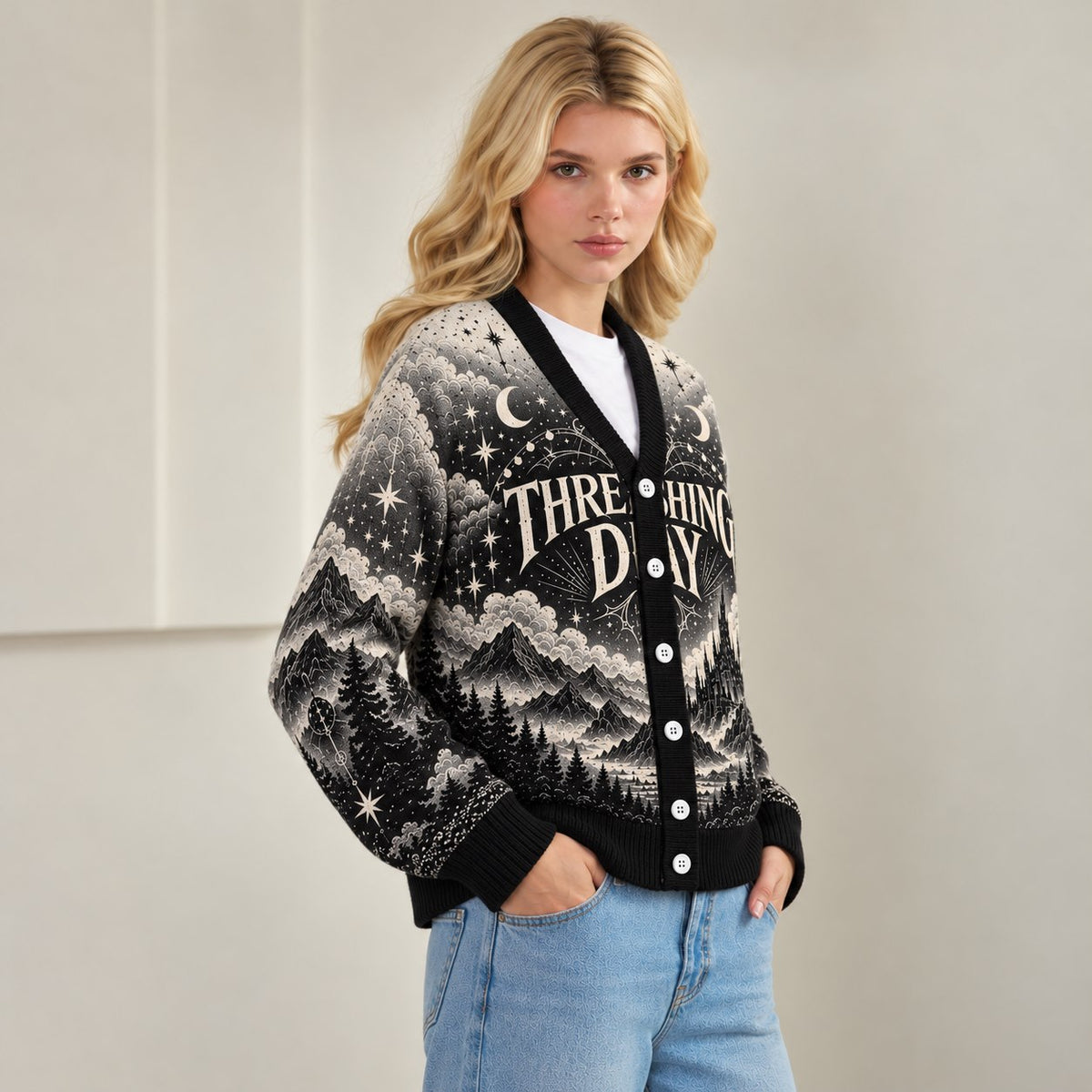 Fourth Wing cardigan Threshing Day moonlit dragon mountain black gray knit - view 4