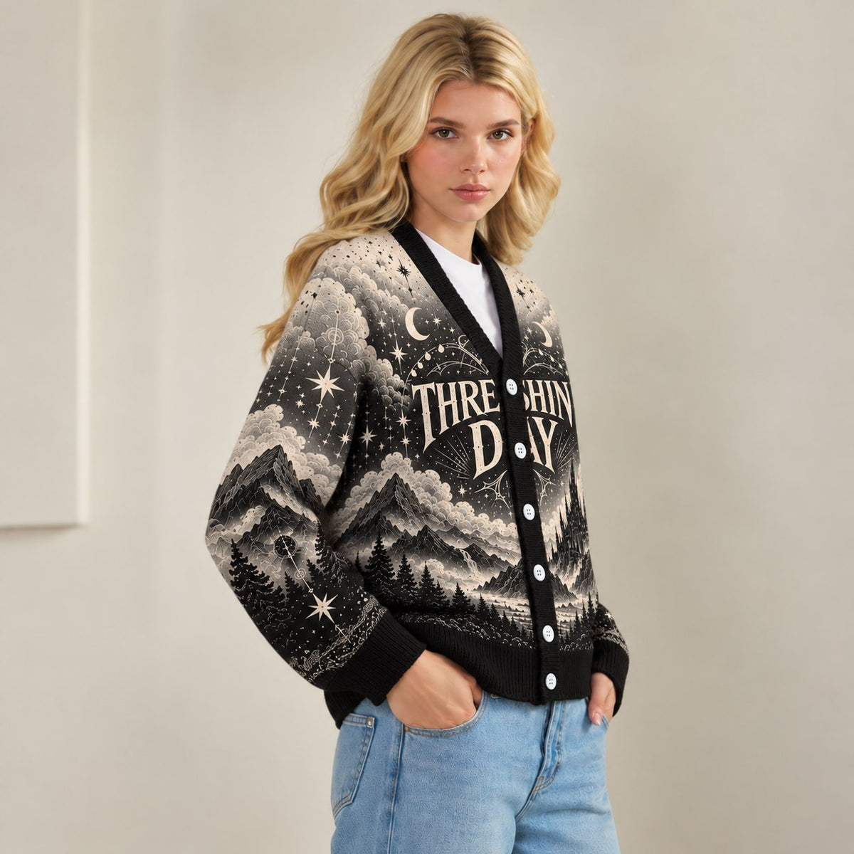 Fourth Wing cardigan Threshing Day moonlit dragon mountain black gray knit - view 5