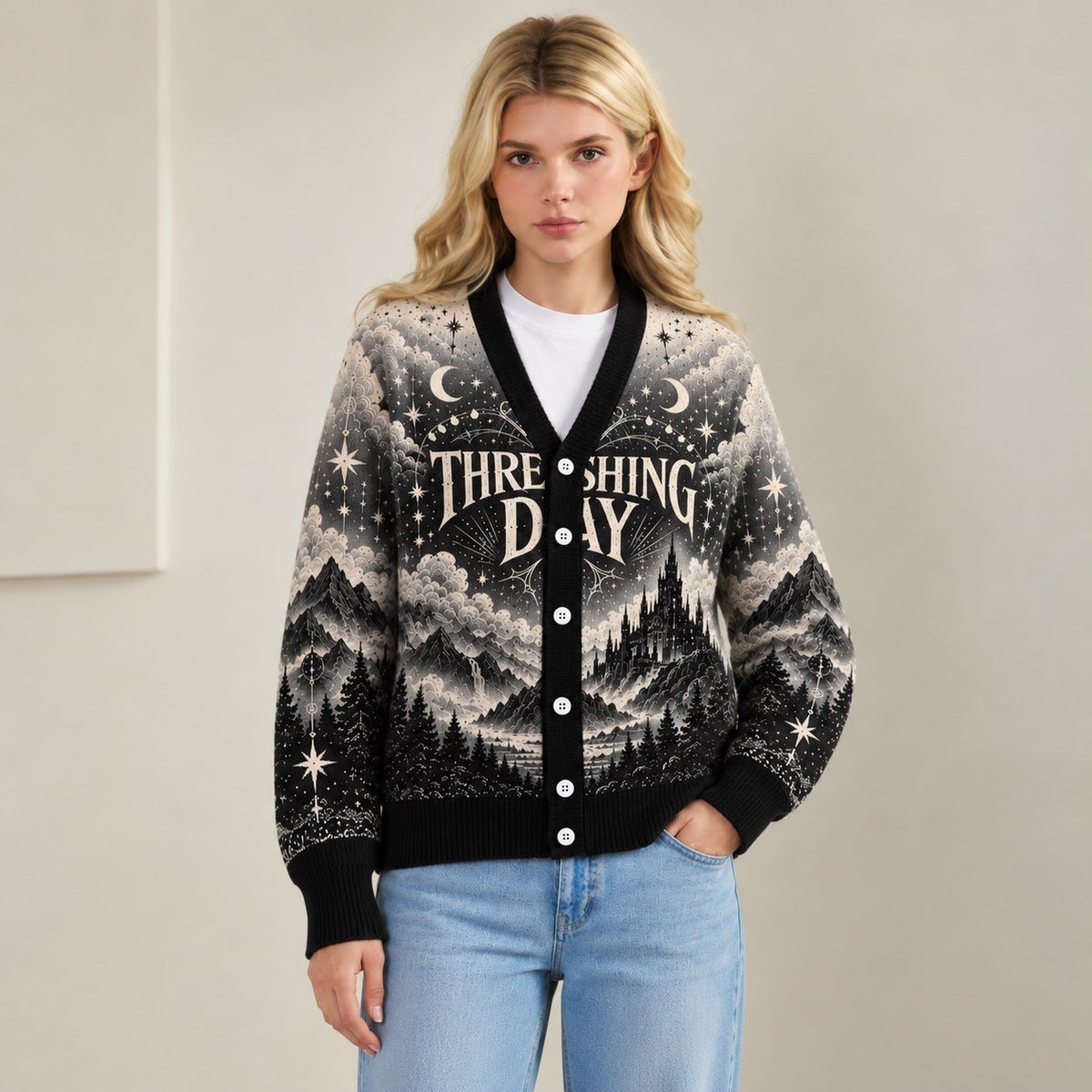 Fourth Wing cardigan Threshing Day moonlit dragon mountain black gray knit - view 7