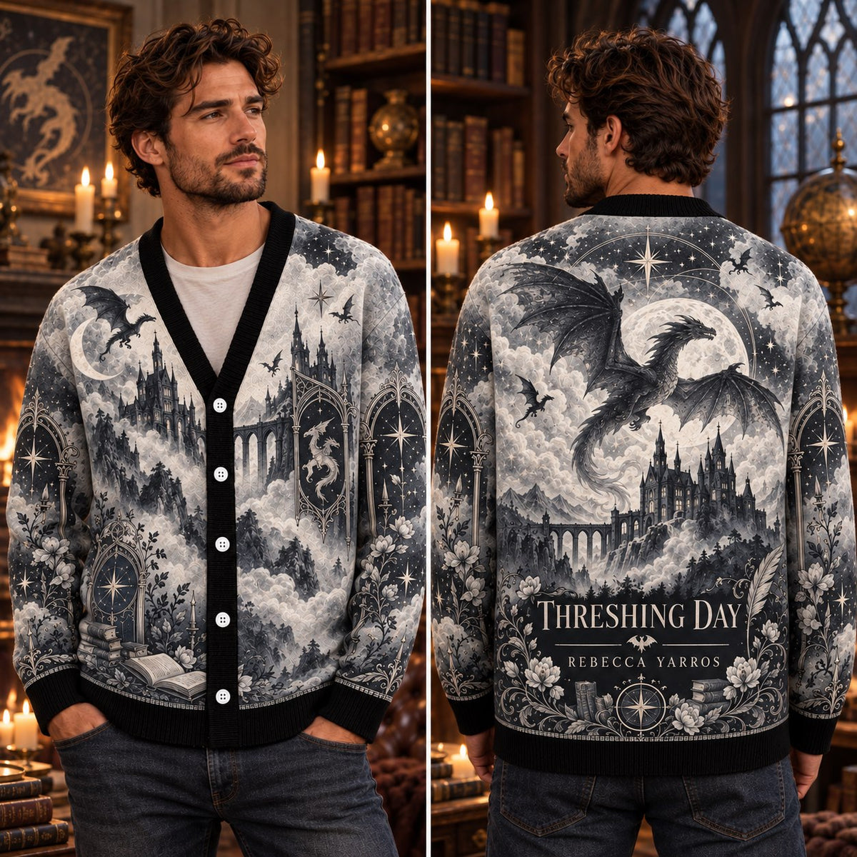 Fourth Wing cardigan Threshing Day dragon castle gray toile knit - view 1