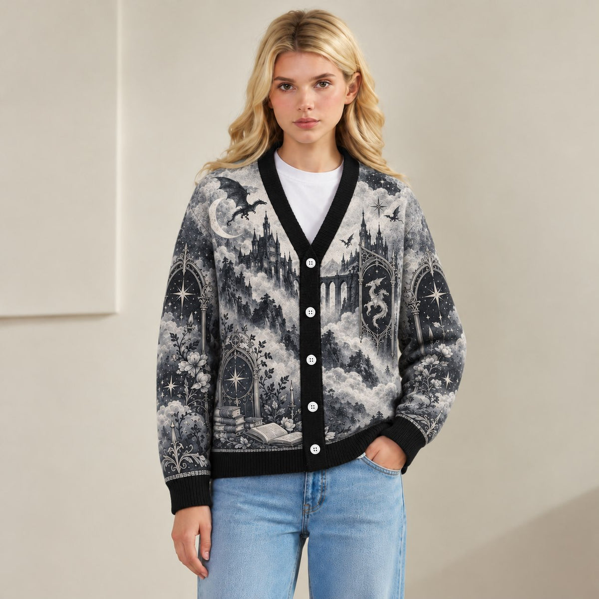 Fourth Wing cardigan Threshing Day dragon castle gray toile knit - view 2