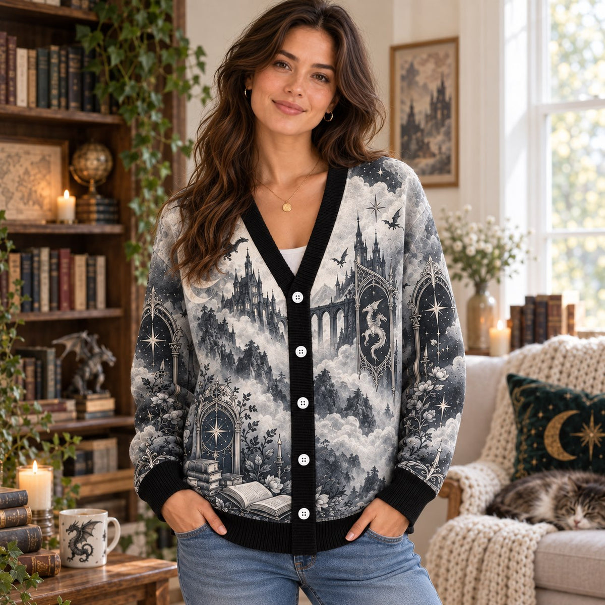 Fourth Wing cardigan Threshing Day dragon castle gray toile knit - view 3