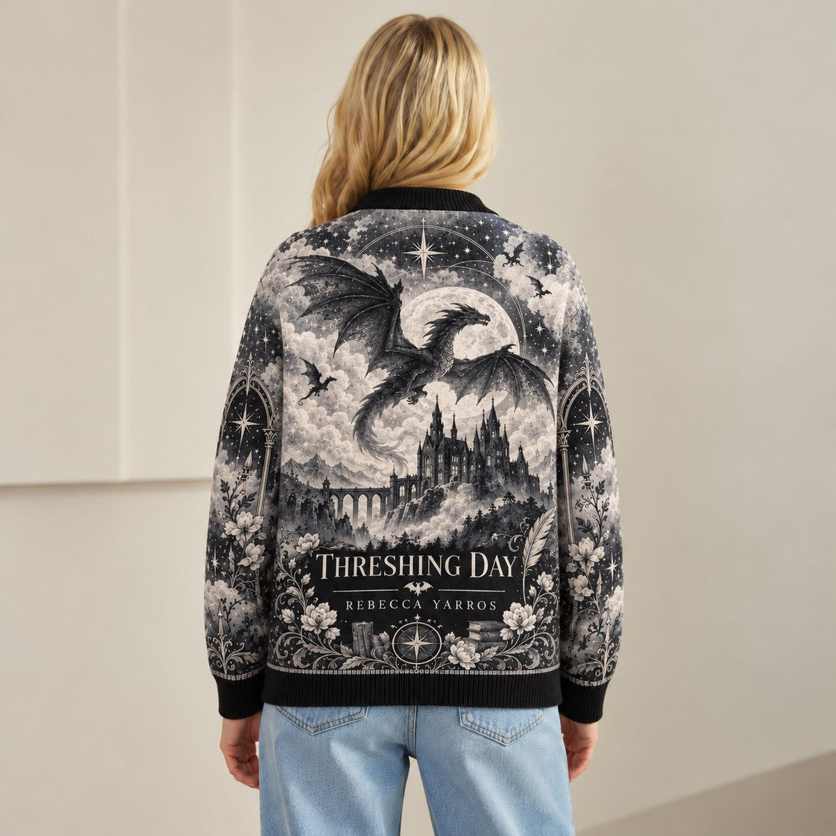 Fourth Wing cardigan Threshing Day dragon castle gray toile knit - view 4