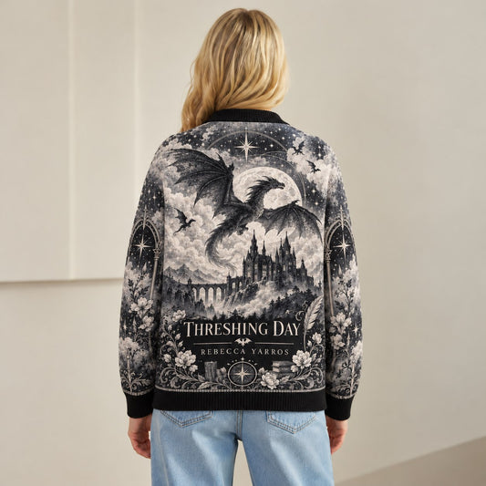Fourth Wing cardigan Threshing Day dragon castle gray toile knit - view 4