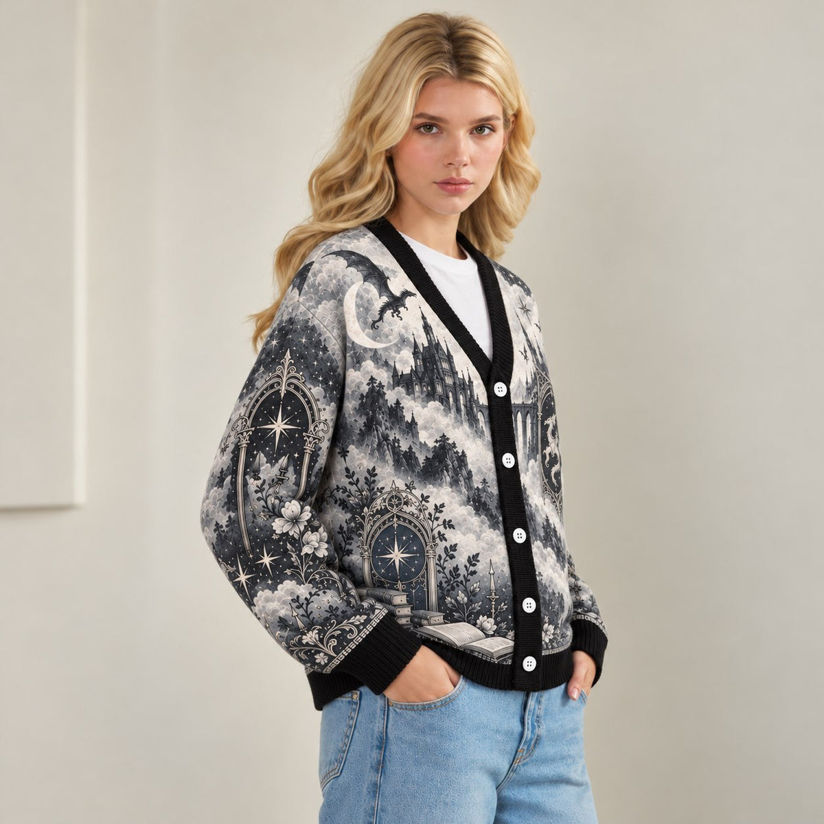 Fourth Wing cardigan Threshing Day dragon castle gray toile knit - view 5