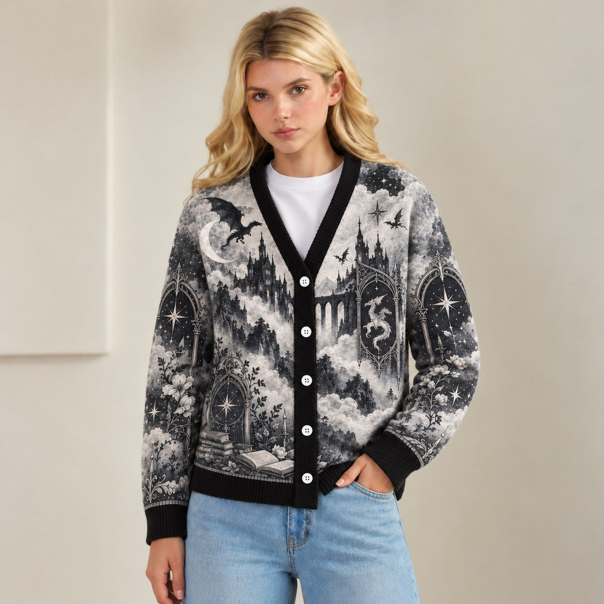 Fourth Wing cardigan Threshing Day dragon castle gray toile knit - view 6