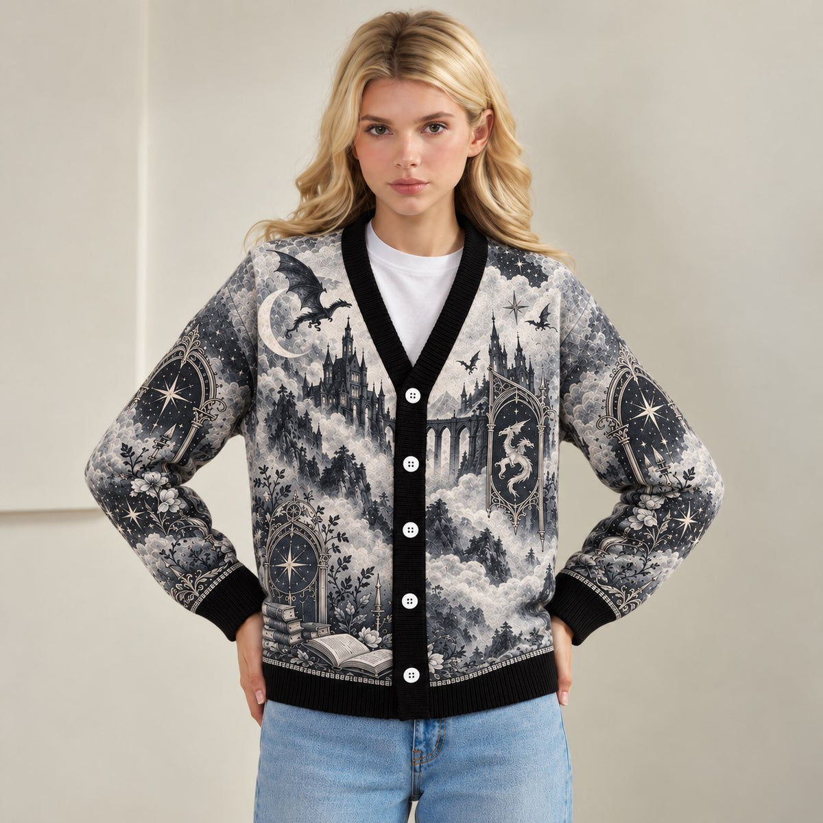 Fourth Wing cardigan Threshing Day dragon castle gray toile knit - view 7