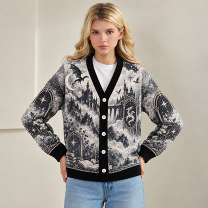 Fourth Wing cardigan Threshing Day dragon castle gray toile knit - view 7