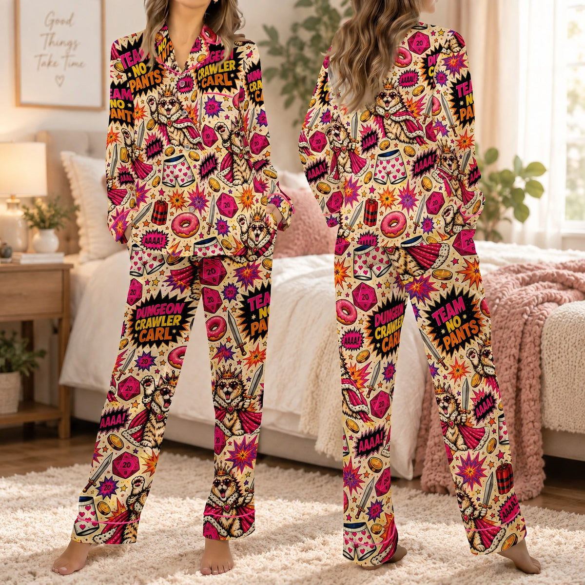 Dungeon Crawler Carl satin pajamas Design 1 – front and back view