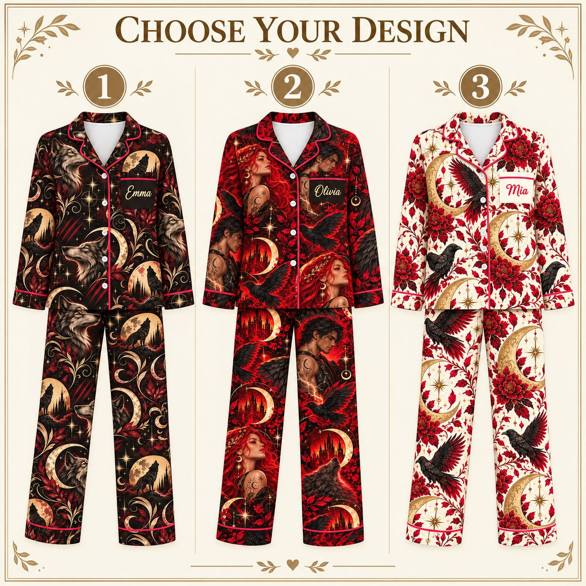 Choose your design – 3 Crescent City satin pajama prints