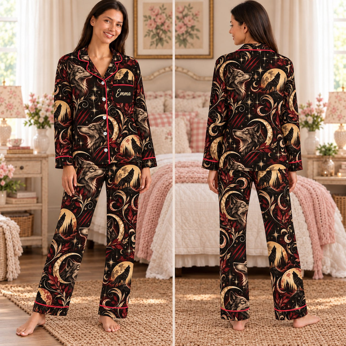 Crescent City satin pajamas Design 1 – front and back view