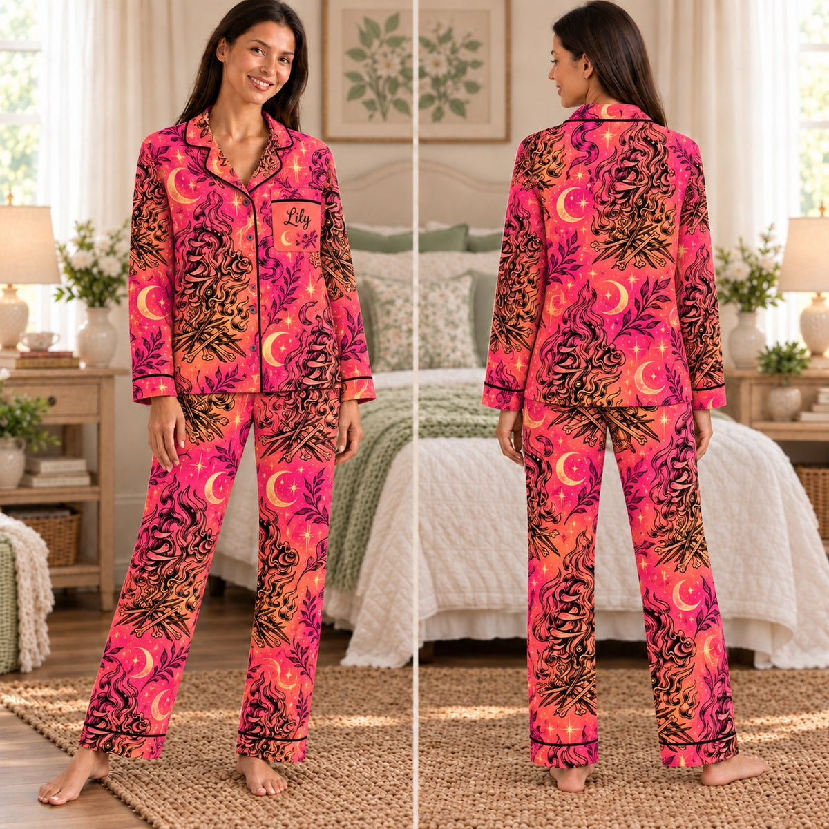 ACOTAR satin pajamas Splintered Harmony – front and back view