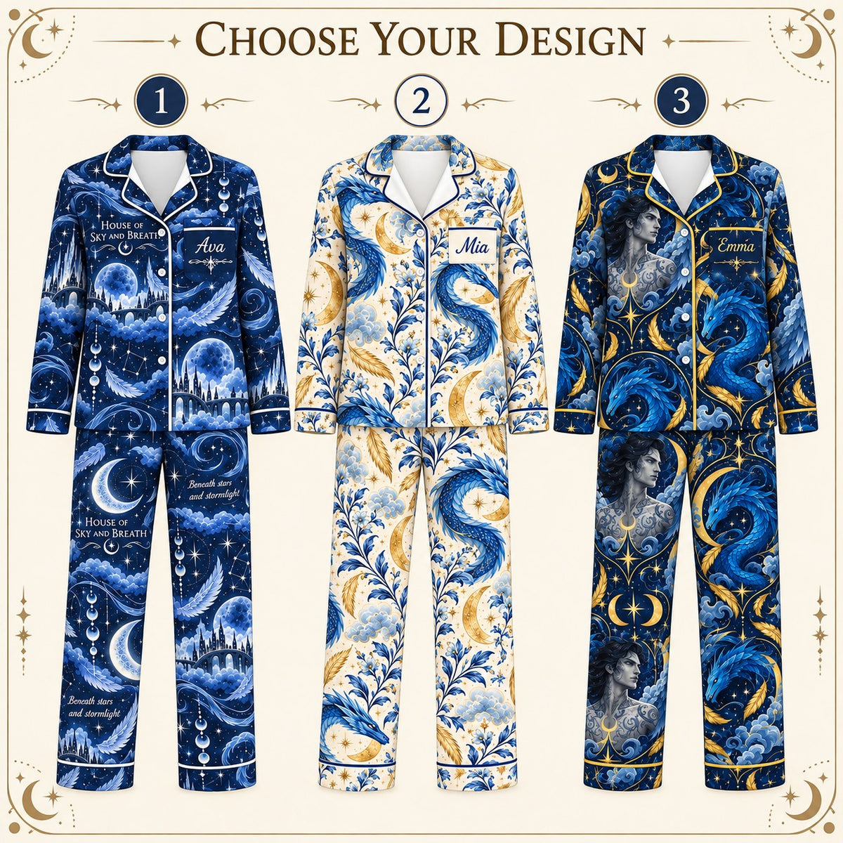 Choose your design – 3 Crescent City satin pajama prints