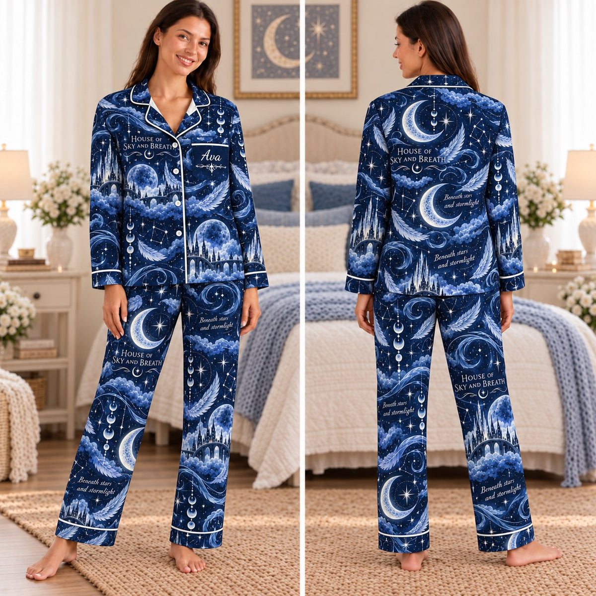 Crescent City satin pajamas Design 1 – front and back view