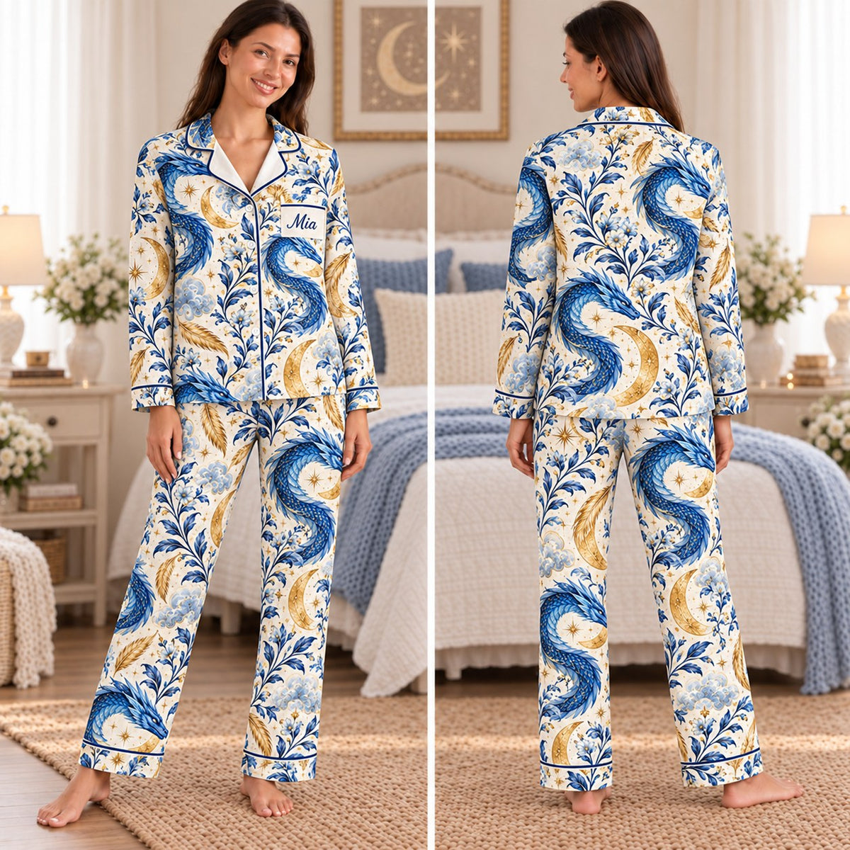 Crescent City satin pajamas Design 2 – front and back view