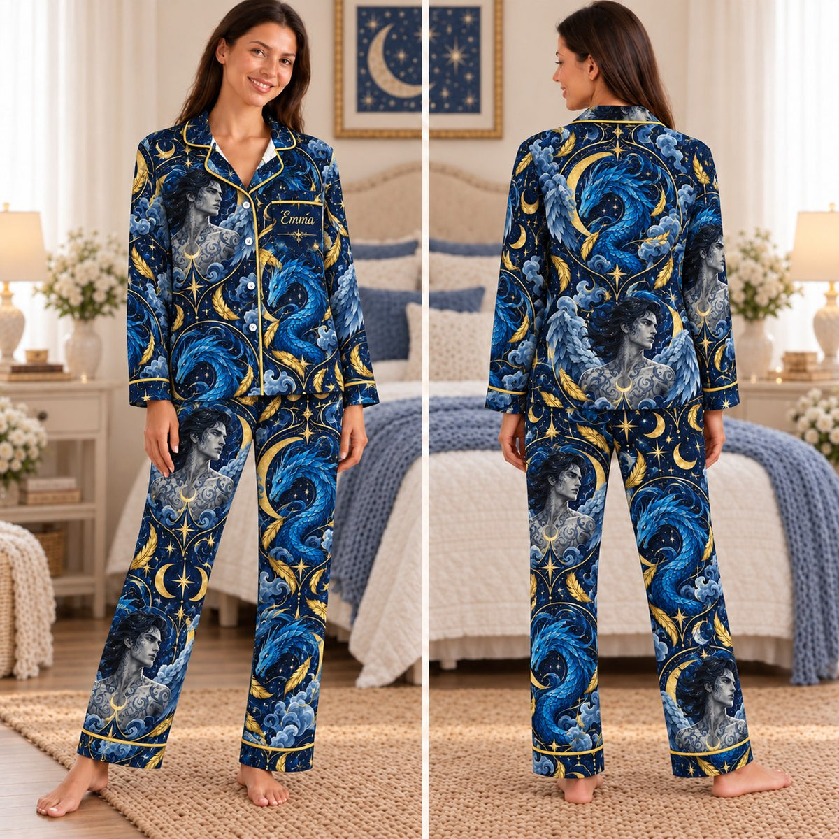 Crescent City satin pajamas Design 3 – front and back view