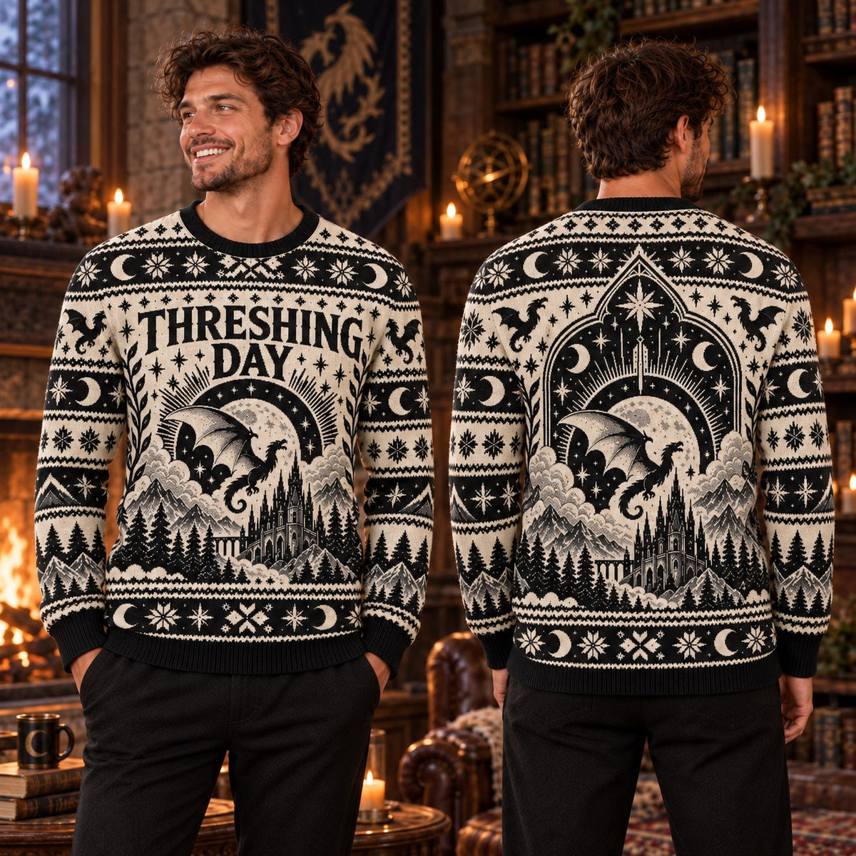 Threshing Day Sunburst Dragon Knit Ugly Christmas Sweater