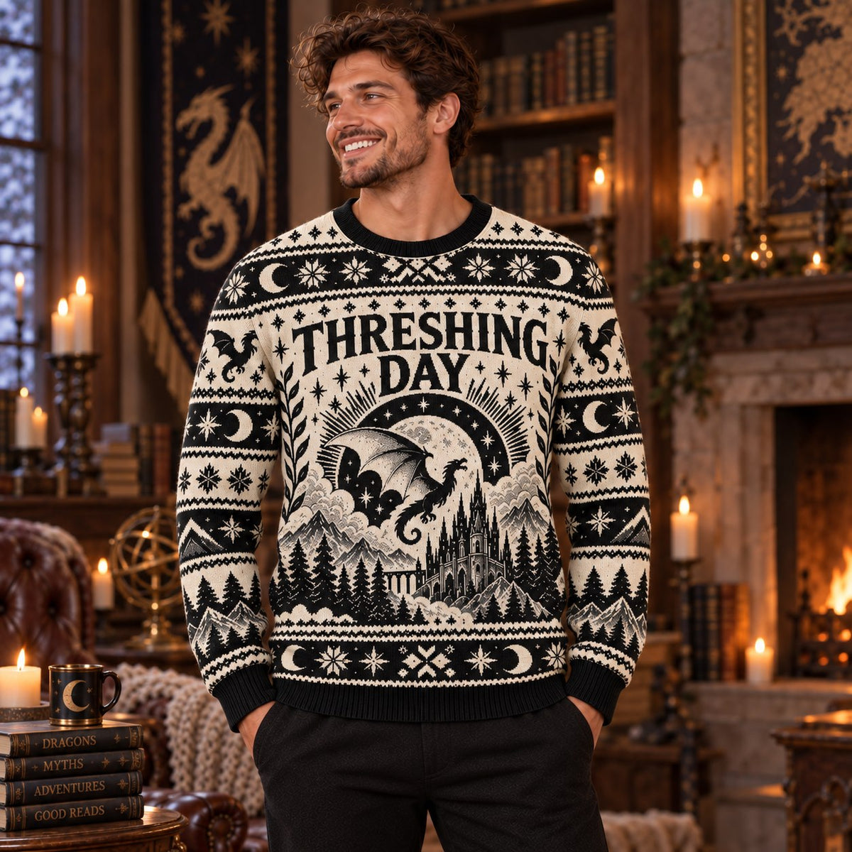 Threshing Day Sunburst Dragon Knit Ugly Christmas Sweater