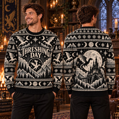 Threshing Day Moonlit Castle Black Knit Ugly Christmas Sweater