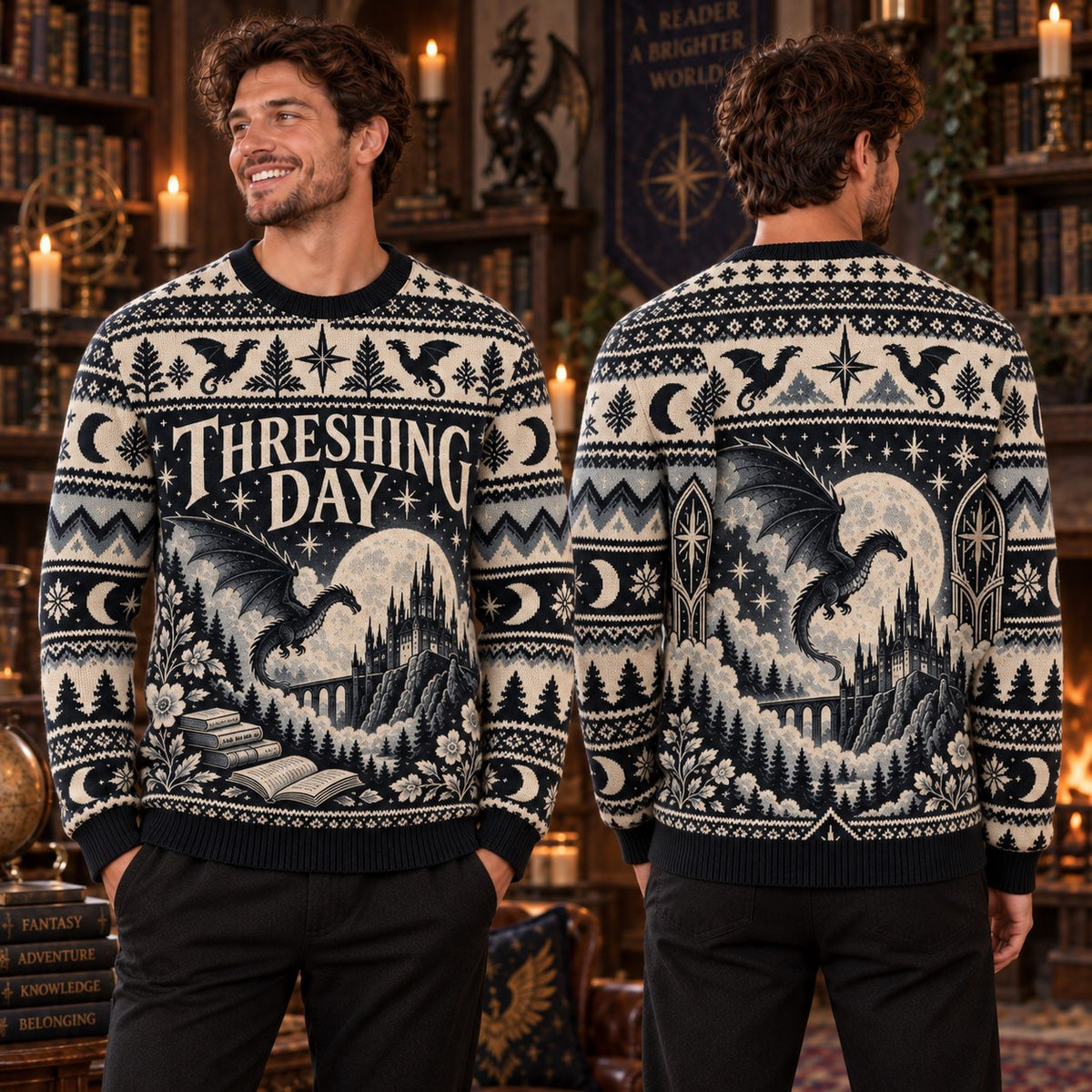 Threshing Day Moonlit Castle Black Knit Ugly Christmas Sweater