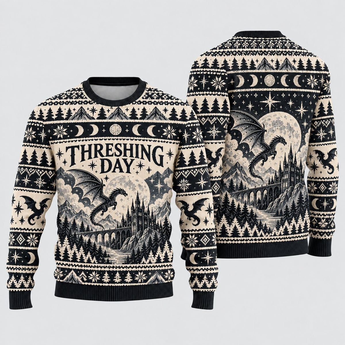 Threshing Day Moonlit Castle Black Knit Ugly Christmas Sweater