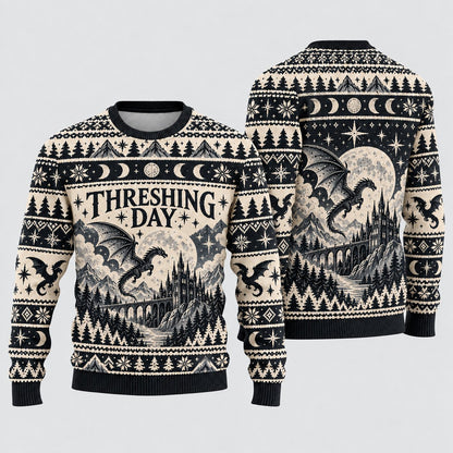 Threshing Day Moonlit Castle Black Knit Ugly Christmas Sweater