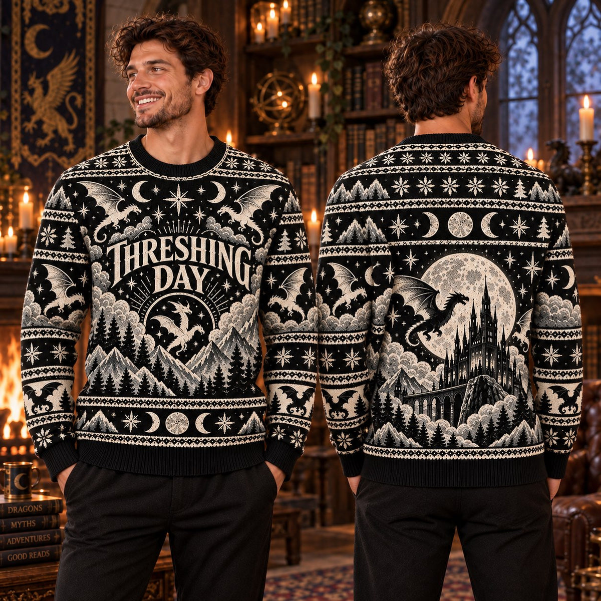 Threshing Day Full Moon Dragon Black Knit Ugly Christmas Sweater