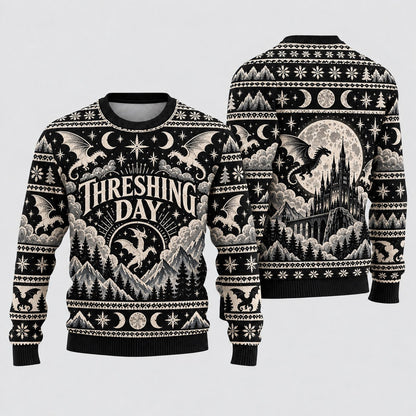 Threshing Day Full Moon Dragon Black Knit Ugly Christmas Sweater