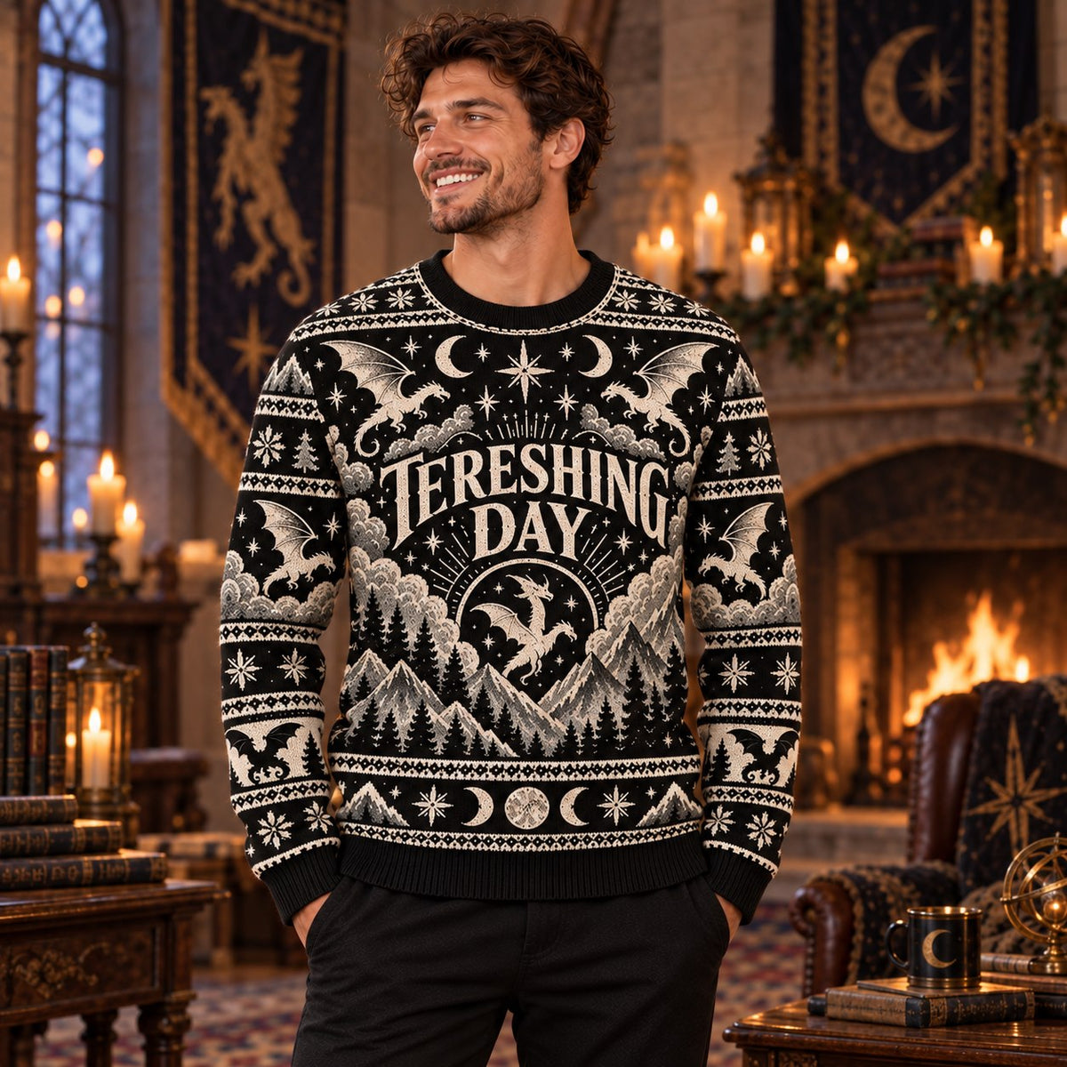 Threshing Day Full Moon Dragon Black Knit Ugly Christmas Sweater