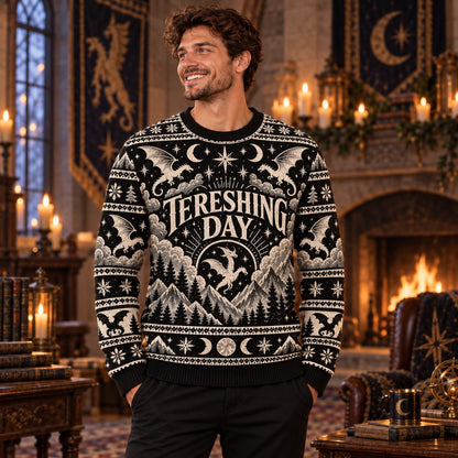 Threshing Day Full Moon Dragon Black Knit Ugly Christmas Sweater