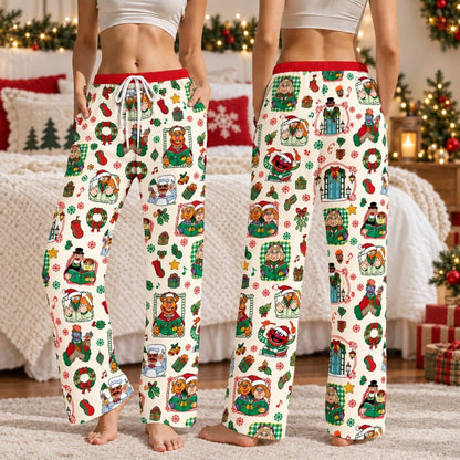Cream Christmas Character Pajamas Set, Long Sleeve, Short Sleeve or Pajama Pants, Festive Holiday Sleepwear
