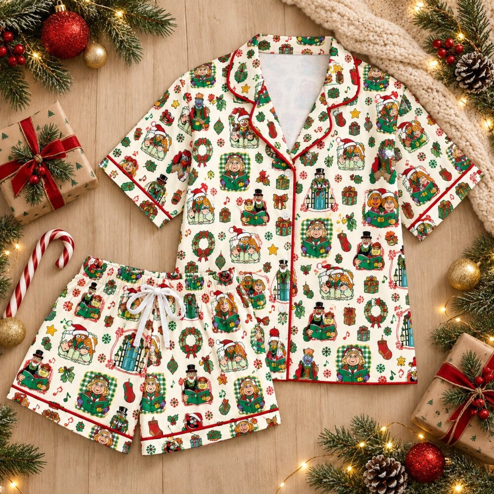 Cream Christmas Character Pajamas Set, Long Sleeve, Short Sleeve or Pajama Pants, Festive Holiday Sleepwear