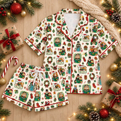 Cream Christmas Character Pajamas Set, Long Sleeve, Short Sleeve or Pajama Pants, Festive Holiday Sleepwear
