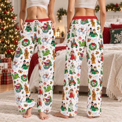 White Festive Christmas Pajamas Set, Long Sleeve, Short Sleeve or Pajama Pants, Holiday Character Print