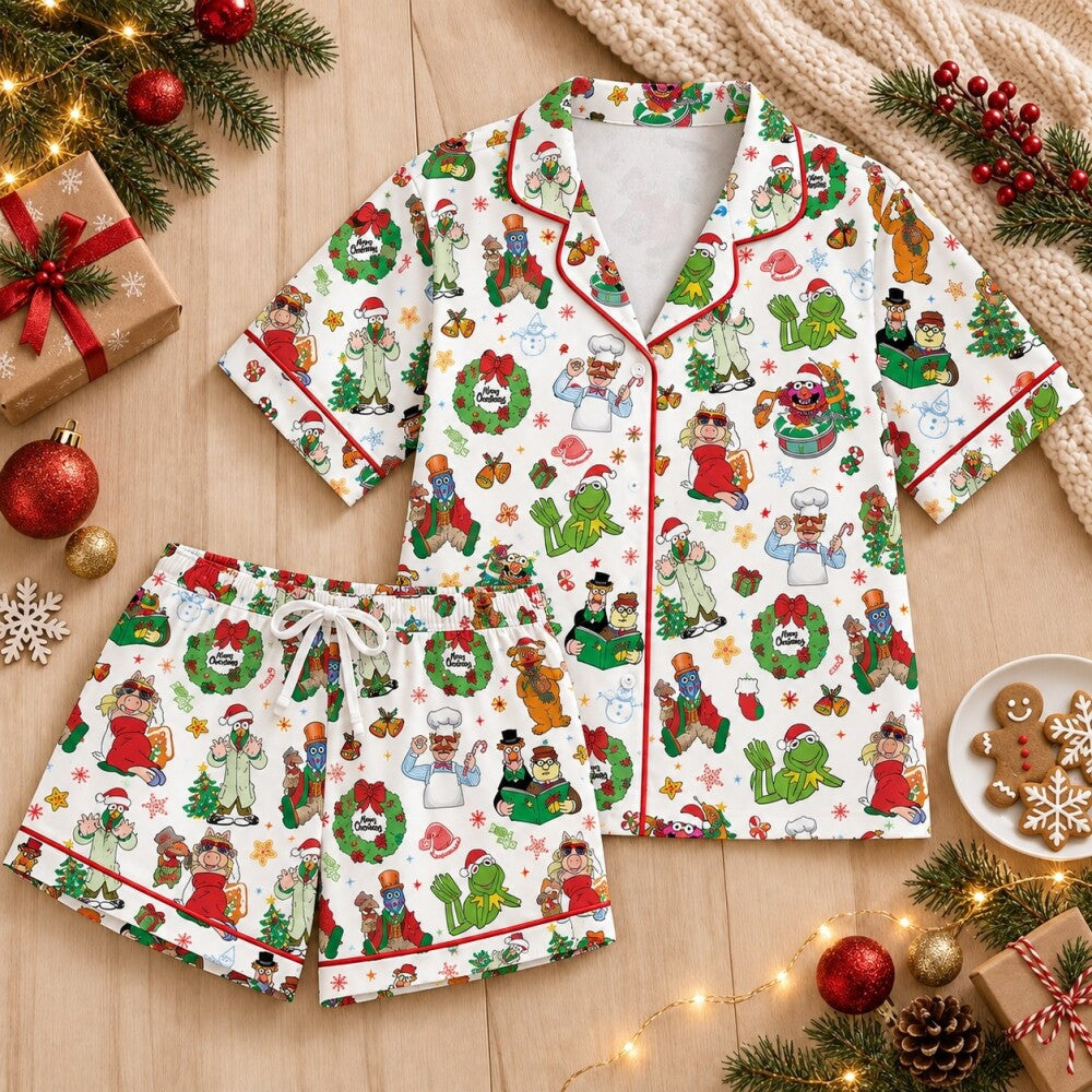 White Festive Christmas Pajamas Set, Long Sleeve, Short Sleeve or Pajama Pants, Holiday Character Print