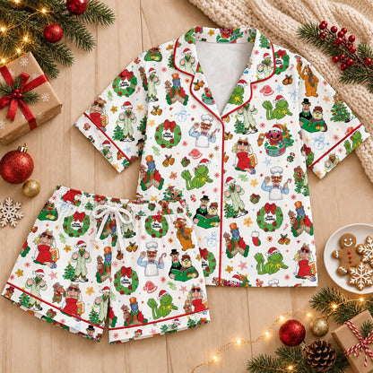 White Festive Christmas Pajamas Set, Long Sleeve, Short Sleeve or Pajama Pants, Holiday Character Print