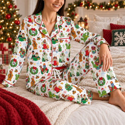 White Festive Christmas Pajamas Set, Long Sleeve, Short Sleeve or Pajama Pants, Holiday Character Print