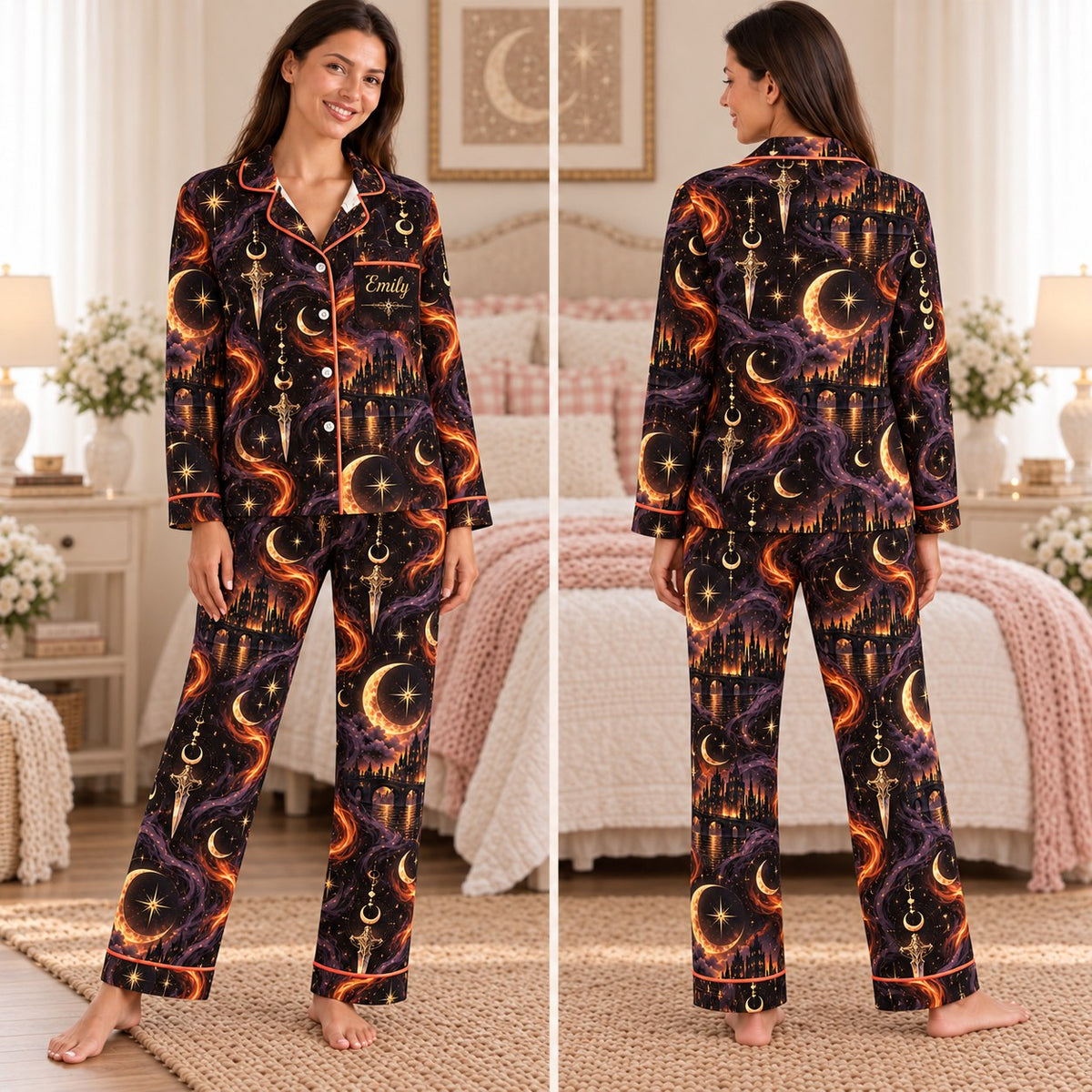 Crescent City satin pajamas Design 1 – front and back view