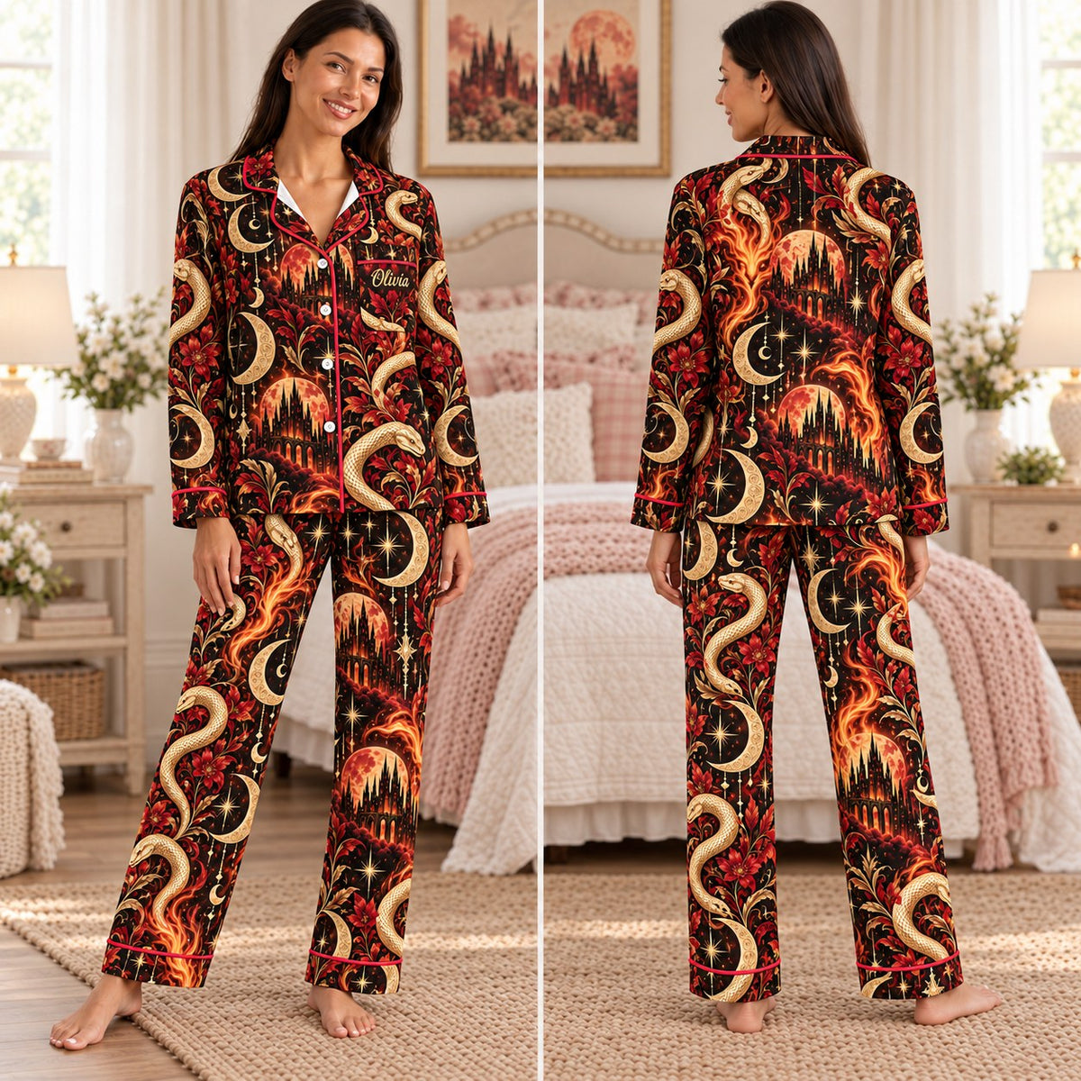 Crescent City satin pajamas Design 2 – front and back view