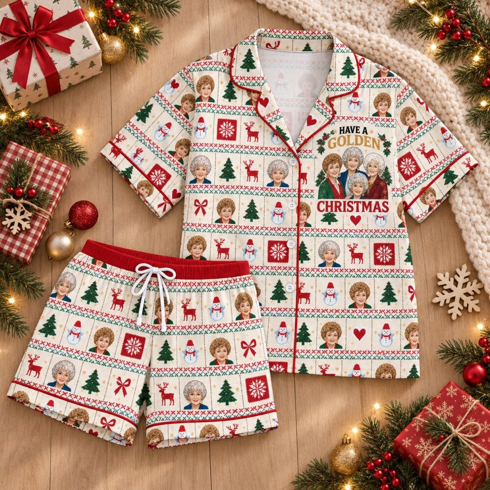 Christmas Friends Pajamas Set, White Festive Print, Long Sleeve, Short Sleeve or Pajama Pants
