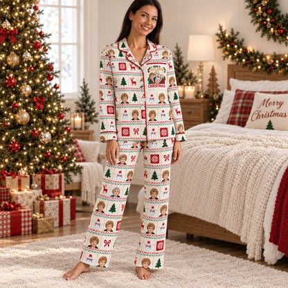 Christmas Friends Pajamas Set, White Festive Print, Long Sleeve, Short Sleeve or Pajama Pants