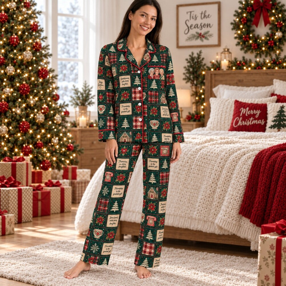 Colorful Friends Patchwork Christmas Pajamas Set, Long Sleeve, Short Sleeve or Pajama Pants