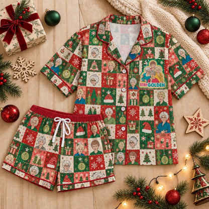Colorful Christmas Quote Pajamas Set, Patchwork Print, Long Sleeve, Short Sleeve or Pajama Pants