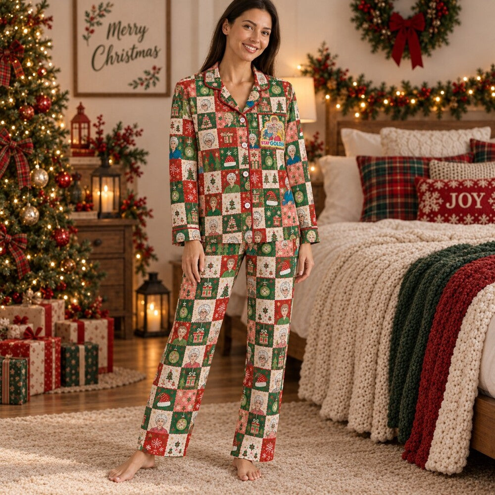 Colorful Christmas Quote Pajamas Set, Patchwork Print, Long Sleeve, Short Sleeve or Pajama Pants