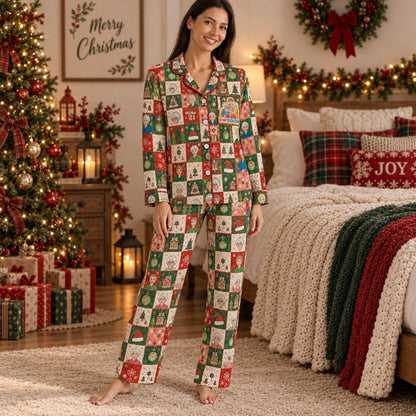 Colorful Christmas Quote Pajamas Set, Patchwork Print, Long Sleeve, Short Sleeve or Pajama Pants