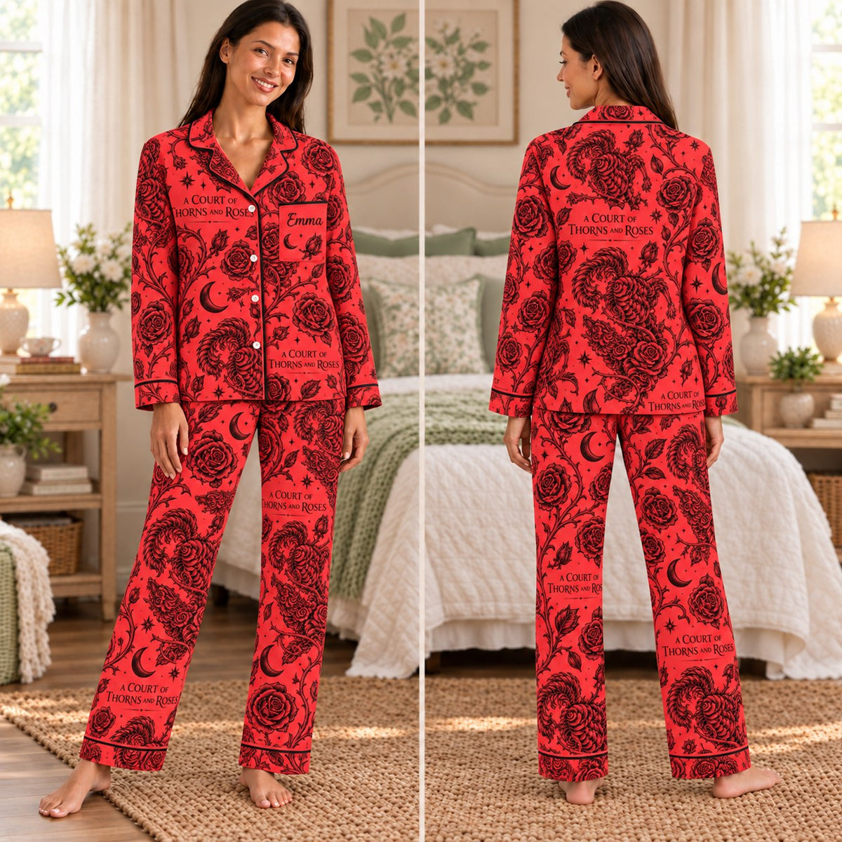 ACOTAR satin pajamas 1. Thorns and Roses – front and back view